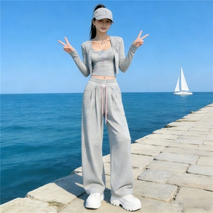 女春新款欧货时尚休闲套装修身显瘦开衫上衣内搭吊带阔腿裤三件套图片