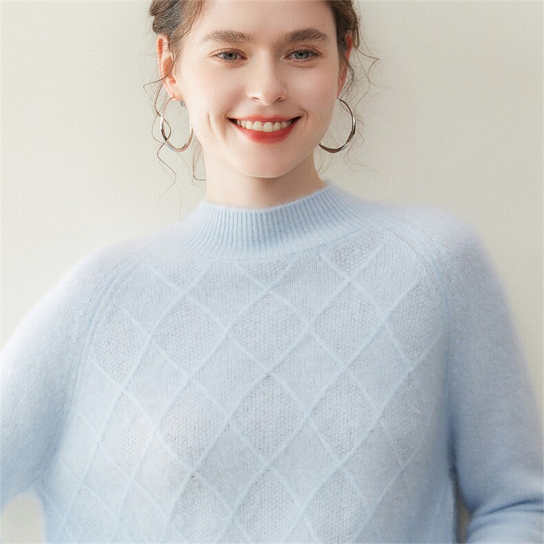 2025年秋季新款百搭女士前身菱形块插肩半高套头衫,女装羊绒衫,纳丰羊绒