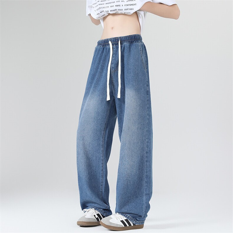 得物白底街头宽松直筒休闲潮流百搭抽绳磨白男女牛仔裤四季有货，男装牛仔裤，星座224-1