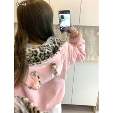 美式可爱兔耳豹纹连帽棉服外套女秋冬季新款保暖潮牌棉衣上衣，男装棉衣，星座506A