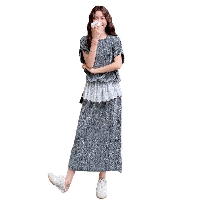 法式蕾丝拼接休闲上衣半身裙两件套女2025年夏季新款休闲显瘦套装,女装套装/套裙,2C275