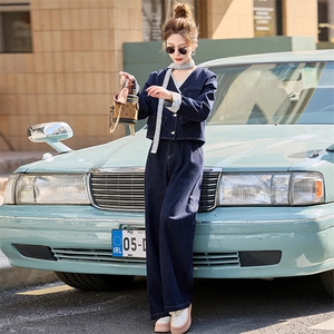 牛仔套装女2025春秋新款时髦气质韩系设计感气质炸街阔腿裤两件套图片