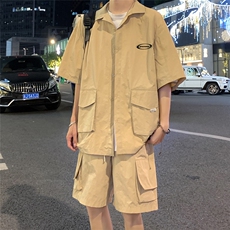 港风23新款夏季时尚开衫工装短袖垂感短裤套装TZ613801P75控98，男装牛仔裤，电商A268A