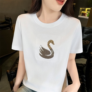 休闲/淑女2025年春季圆领亮片天鹅短袖上衣女图片
