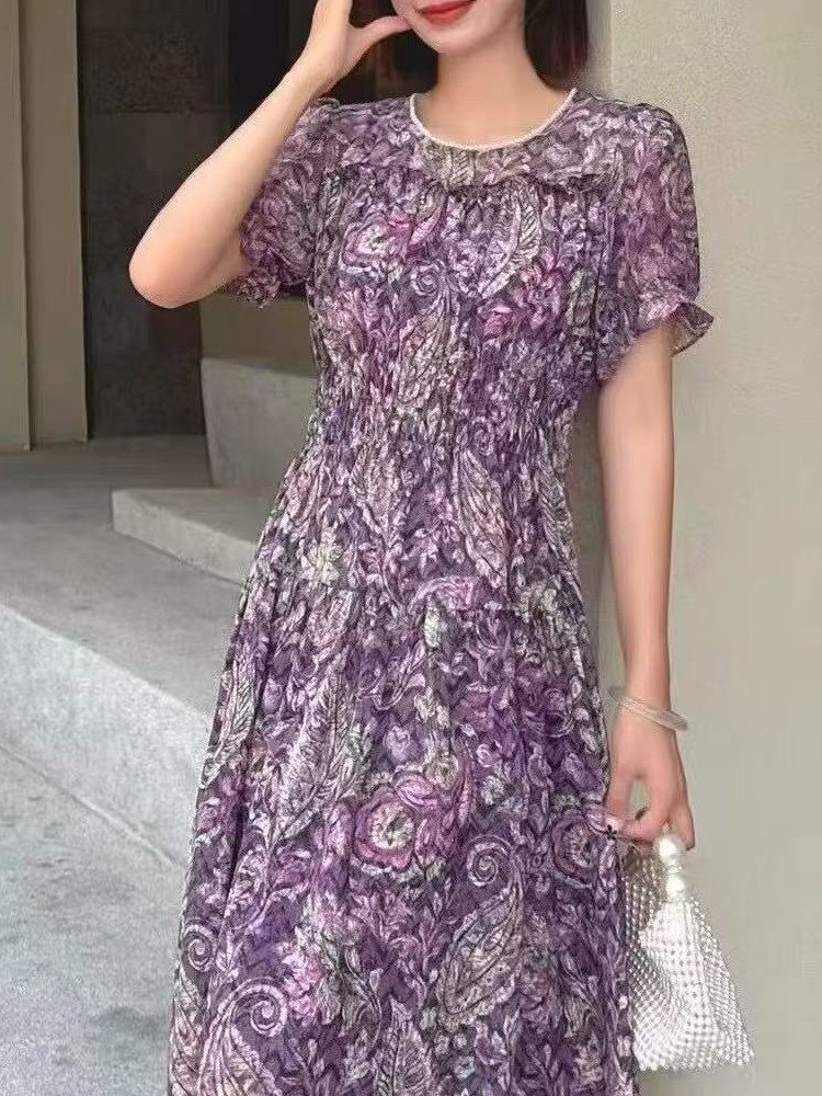 （现货）紫色碎花收腰显瘦V领连衣裙子夏款中长款连衣裙女装,女装连衣裙,韩蔻秀