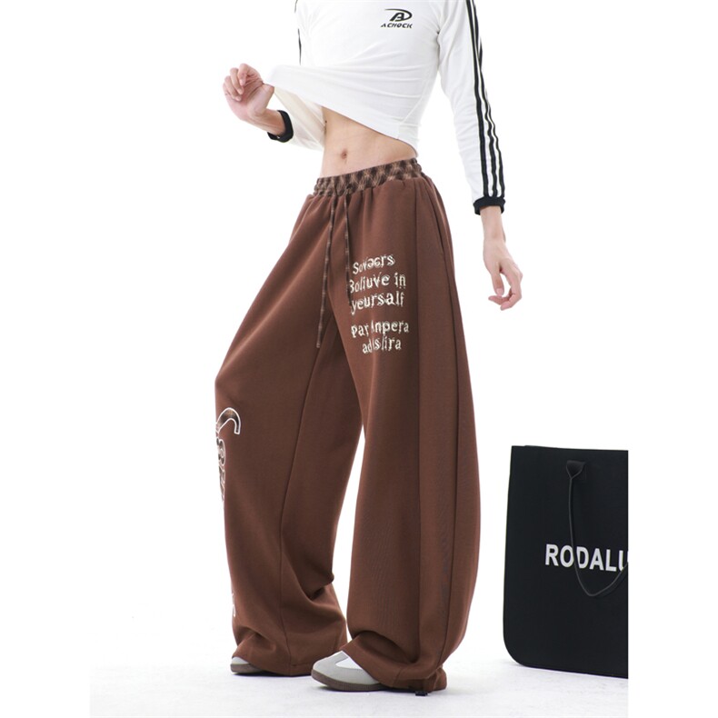 卫裤男女美式复古格纹拼接字母弯刀潮牌运动宽松阔腿裤K0872-P53,男装休闲裤,星座308B-2
