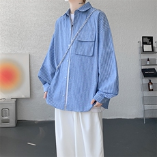 衬衫男秋季新款港风宽松大码立体口袋纯棉条纹长袖衬衣CS3099-P42，男装衬衫，星座214-3