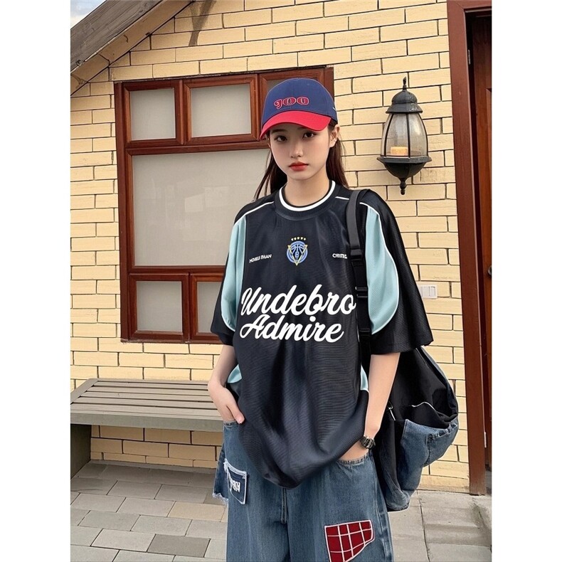 夏季美式复古拼接撞色字母印花短袖T恤男运动球衣机车骑行服上衣,男装T恤,星座1210-1
