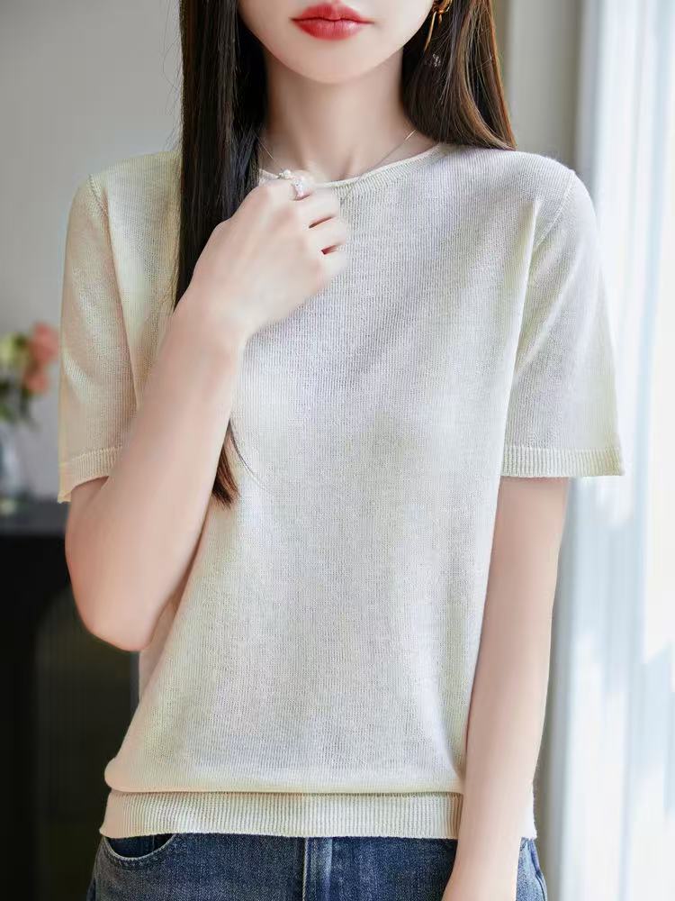 2025年夏季纺醋酸莱赛尔卷边圆领短袖女,女装T恤,美杜莎羊绒