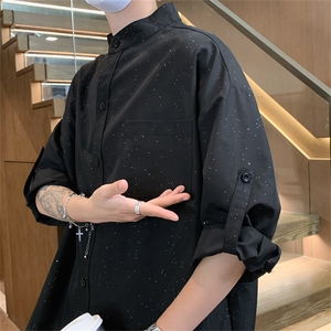 C9066/P35新款满天星烫金个性短袖衬衣男宽松衬衫7分袖可调节图片