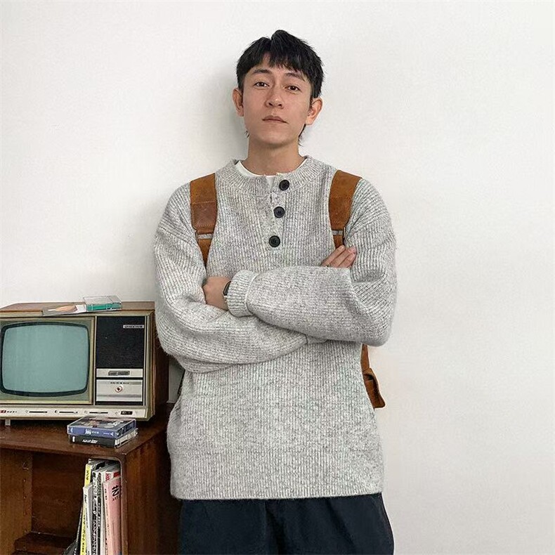 1506/Q50100/P53美式复古亨利领毛衣男款冬季慵懒风高级感外套图片
