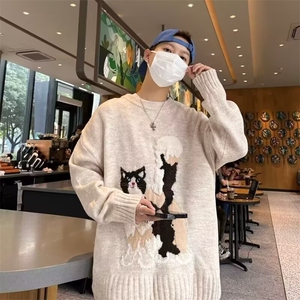 日系复古chic港味软糯猫咪毛衣外套男女秋冬小众oversize针织上衣图片