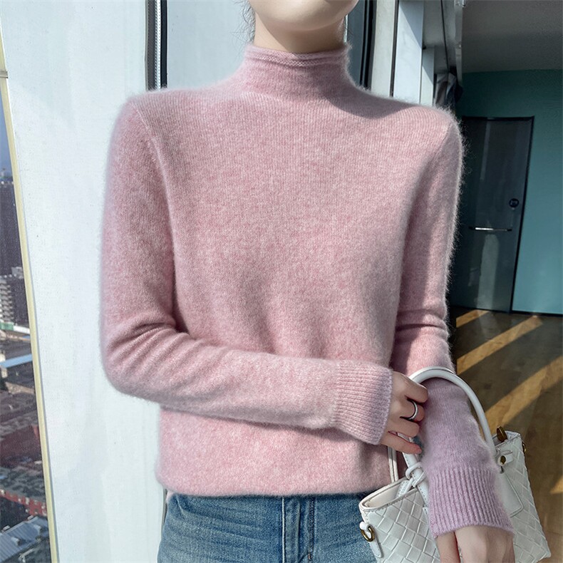 软糯亲肤~秋冬新款山羊绒衫女卷边半高领显瘦内搭针织打底衫毛衣,女装羊绒衫,更慕羊绒