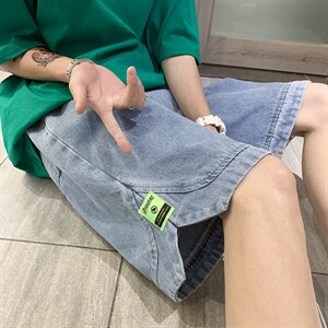 港风夏男牛仔短裤松紧腰抽绳直筒开衩浅蓝色五分裤D201-DM156-P45，男装牛仔裤，电商D321-1