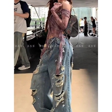 美式水洗做旧破洞牛仔裤男春秋直筒宽松欧美高街vibe风情侣长裤，男装牛仔裤，电商A247C