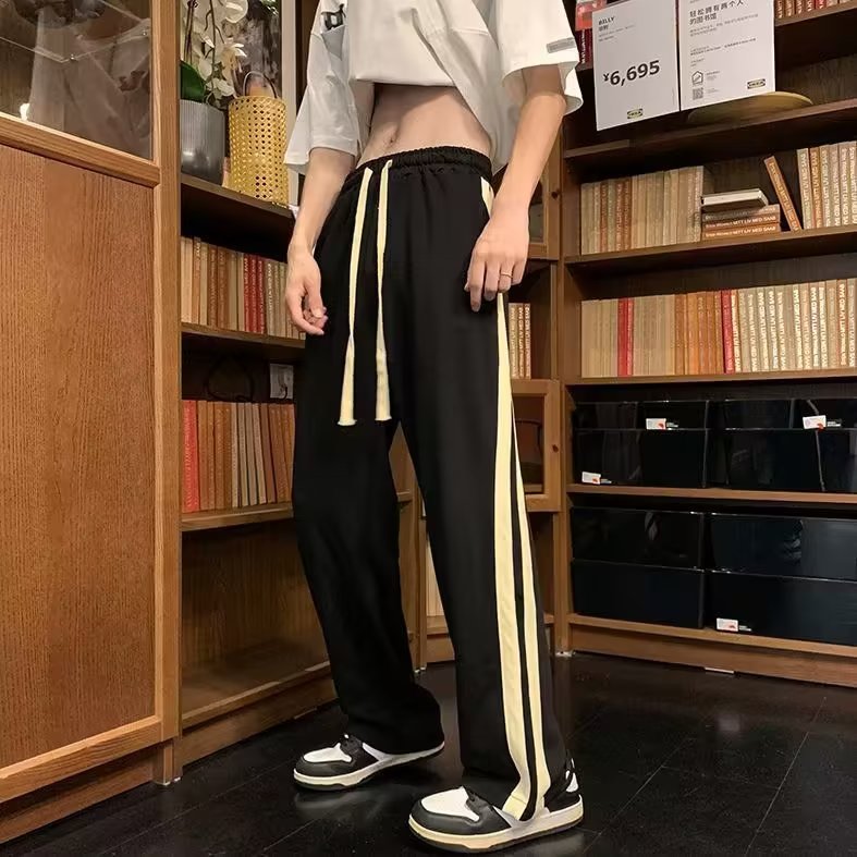不倒绒休闲裤男条纹拼色2023秋冬季ins长裤K4735-常规P30-加绒39,男装休闲裤,星座412-3
