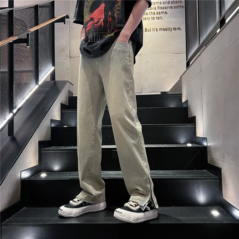 美式黄泥色牛仔裤男春秋修身直筒痞帅裤子高街vibe潮牌QH430-P45图片