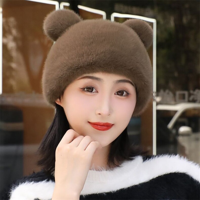 可爱立体耳朵时尚保暖仿貂毛帽子甜美百搭冬季必备,饰品帽子,雪菲羊绒