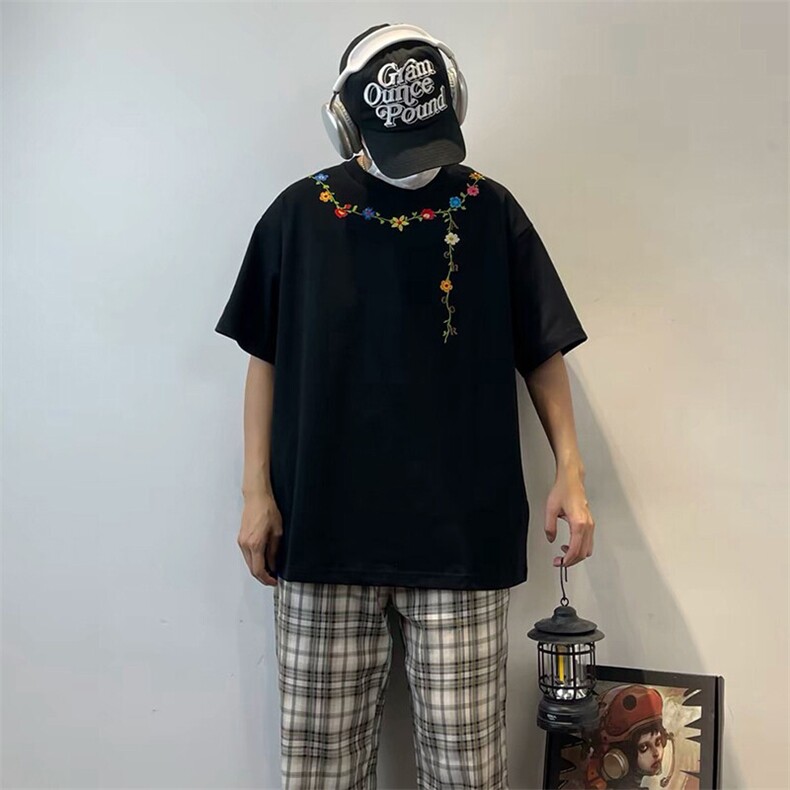 万针全刺绣工艺抖音得物高品质260克重磅纯棉双纱美式高街短袖T恤,男装T恤,电商A486