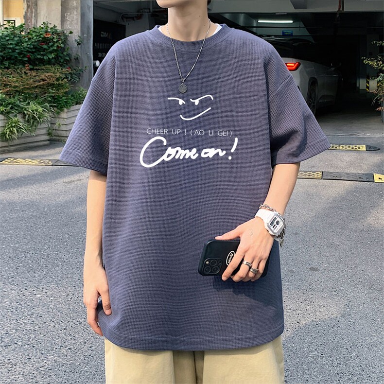 笑脸华夫格短袖t恤男夏季潮牌潮流百搭学生宽松青少年半袖体恤衫,男装T恤,电商B220