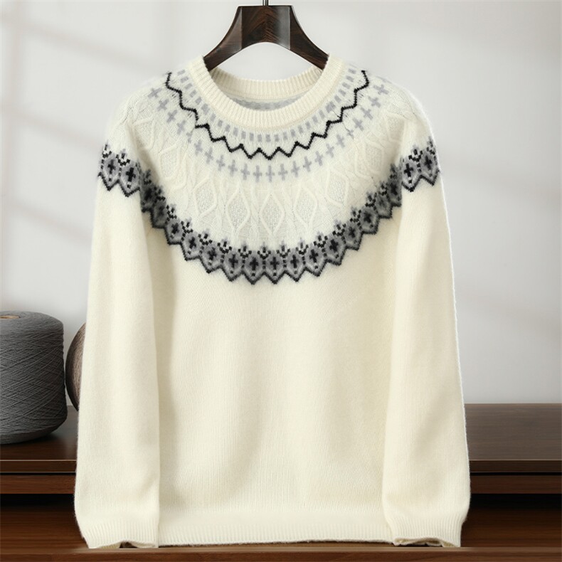 秋冬新款圆领针织绞花提花套头上衣，男装针织衫/毛衣，隆格羊绒