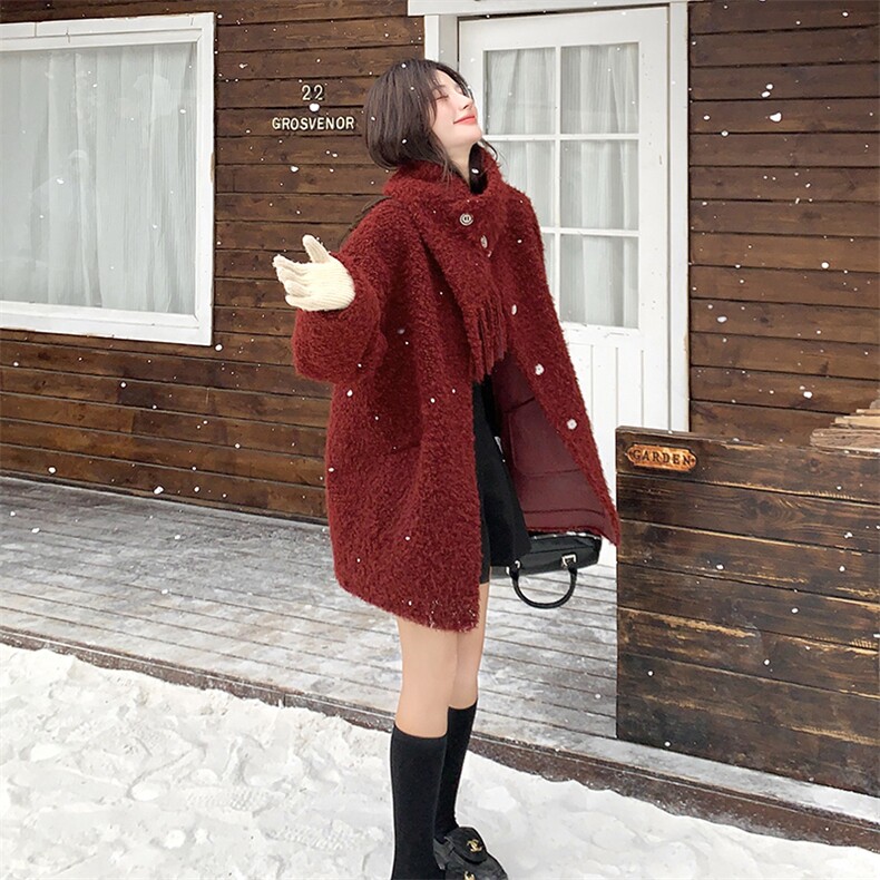 安可拉红围巾款皮毛一体羊羔毛外套女冬加厚棉服6092P225k328,女装棉衣/棉服,维壹