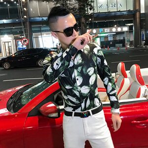 2021春秋衬衫社会男长袖上衣印花男装韩版修身四季潮流衬衣Q863-P55图片