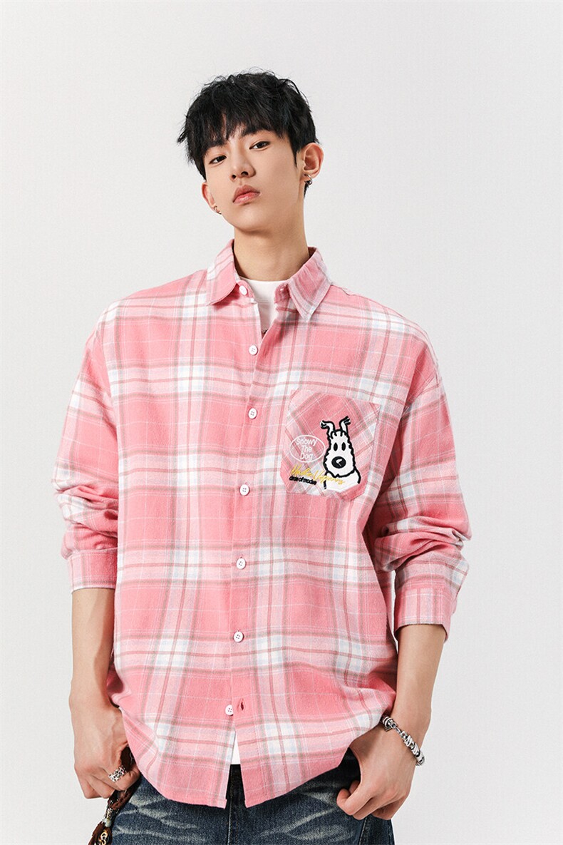 8XL-M小狗格子衬衫男长袖2025春情侣款寸衣宽松衬衣CS519P58控78,男装衬衫,电商D206-1