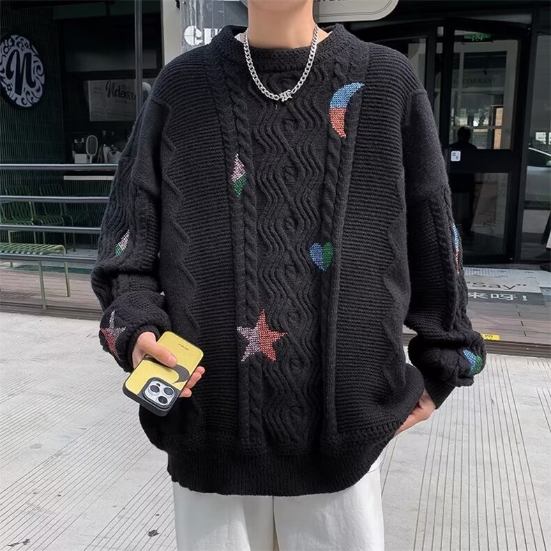鹿毛绒全刺绣美式圆领毛衣男慵懒风休闲针织衫M506P63,男装针织衫/毛衣,星座1116-2