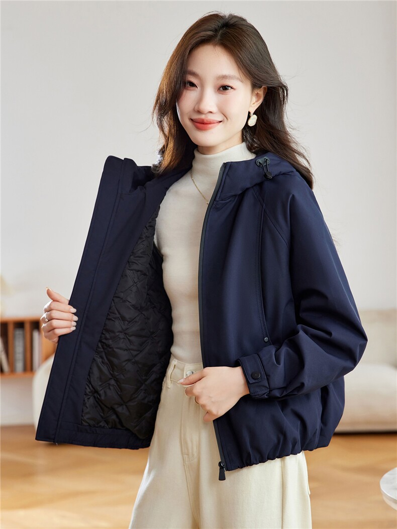 藏青色休闲连帽夹棉加厚外套女2025秋冬新款小个子百搭宽松冲锋衣,女装棉衣/棉服,沐七七