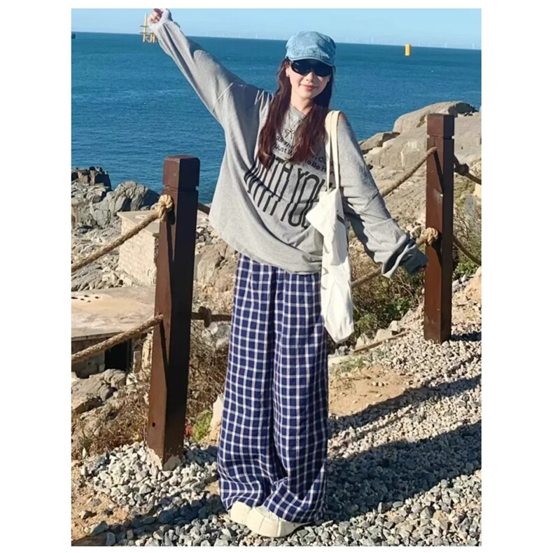 美式复古格子休闲裤男女款cleanfit慵懒松弛感裤子宽松直筒阔腿裤，女装休闲裤，星座1210-1