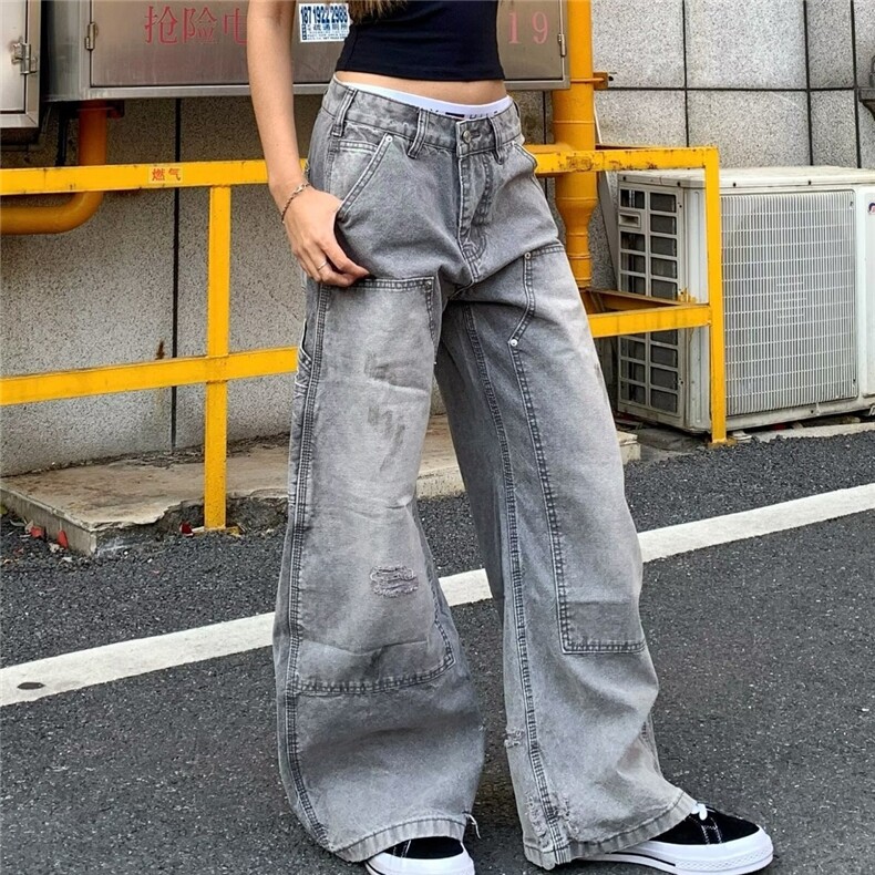美式高街复古拼接直筒工装牛仔裤男宽松2025新款水洗痞帅伐木裤子,男装牛仔裤,星座506A