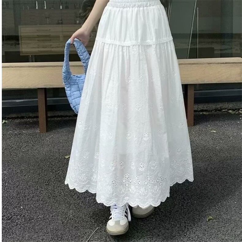 日系镂空刺绣蕾丝半身裙女夏季超仙白色文艺宽松百搭显瘦长裙,女装半身裙,星座1210-1
