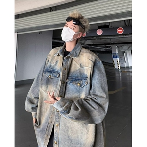 水洗做旧复古蓝翻领牛仔外套男款休闲宽松废土风脏脏设计长袖衬衣图片