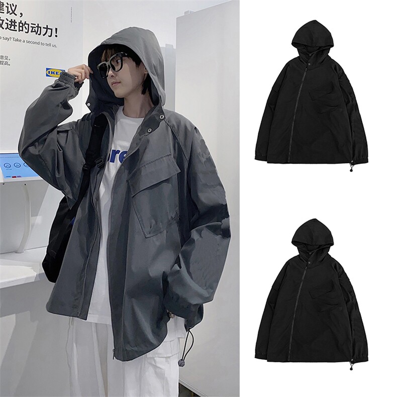 Y002男士休闲夹克开衫外套连帽外衣文艺青少年学生斜拉链口袋工装图片