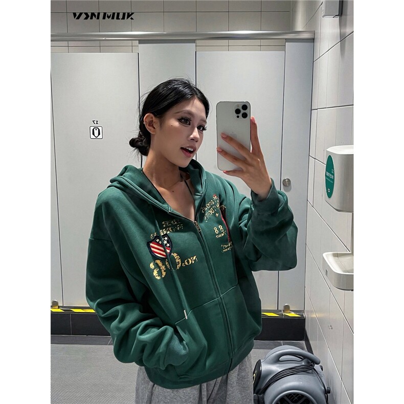 美式复古做旧字母印花徽章连帽开衫卫衣男女宽松休闲百搭外套,女装短外套,星座613