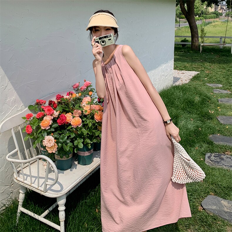 粉色法式夏天连衣裙女2025新款甜美露背孕妇宽松小众高级感背心裙图片