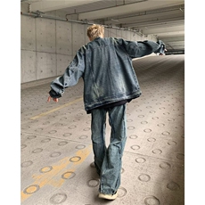 美式复古拉链口袋牛仔外套男女潮流痞宽松百搭外套上衣W6697-P72，男装工装外套，星座412-3