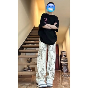 【网图有货】白色豹纹牛仔裤男女美式复古hiphop裤子BK01LL-特P52图片
