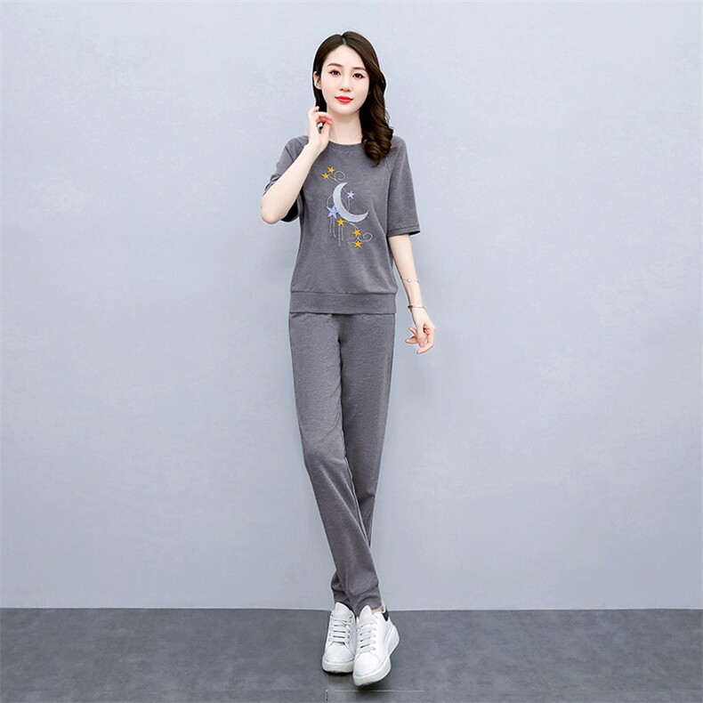 宽松运动服时尚两件套女休闲透气简约年短袖夏季套装减龄大码,女装套装/套裙,梦依杭