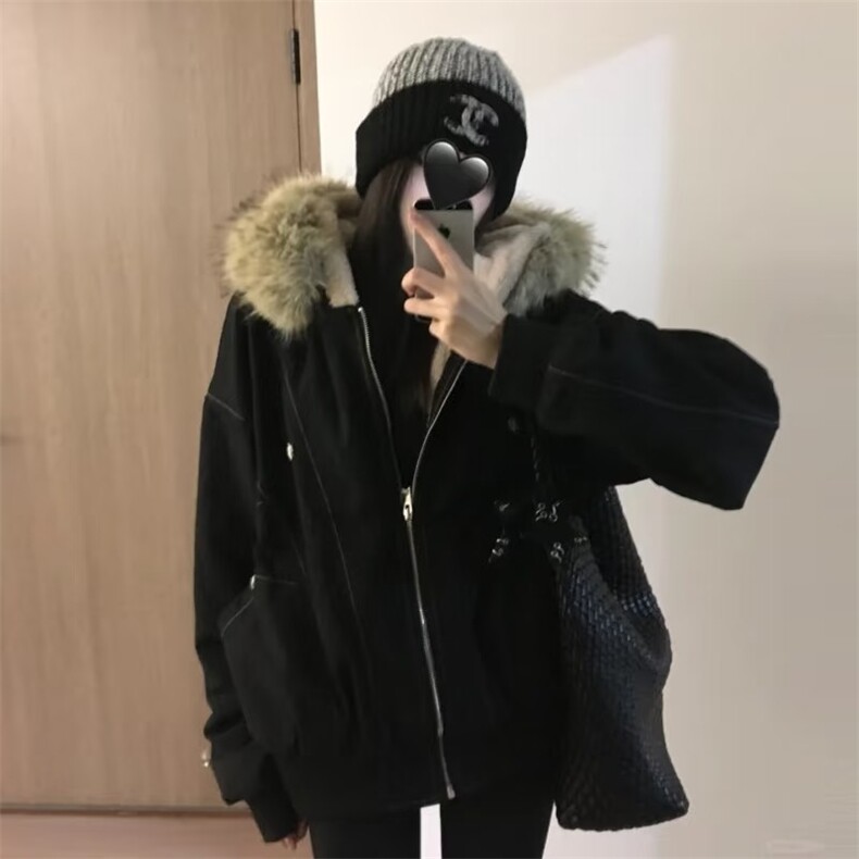 现货重磅boxy短款棉衣座山雕大毛毛领男女棉服水洗工装厚外套图片