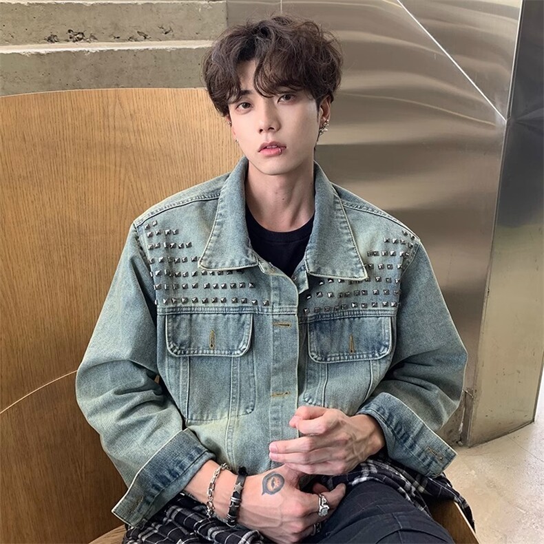 秋冬美式复古牛仔外套男女宽松铆钉慵懒休闲夹克潮流W6700-P70，男装工装外套，星座412-3