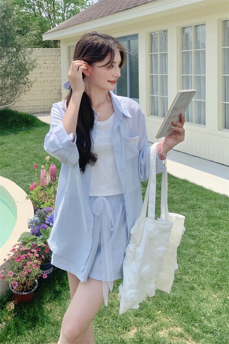 防晒蓝色衬衫背心短裤套装女夏2025新款独特绝美漂亮三件套巨好看,女装套装/套裙,2C271