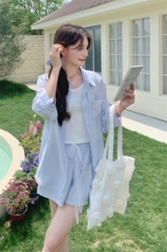 防晒蓝色衬衫背心短裤套装女夏2025新款独特绝美漂亮三件套巨好看，女装套装/套裙，2C271