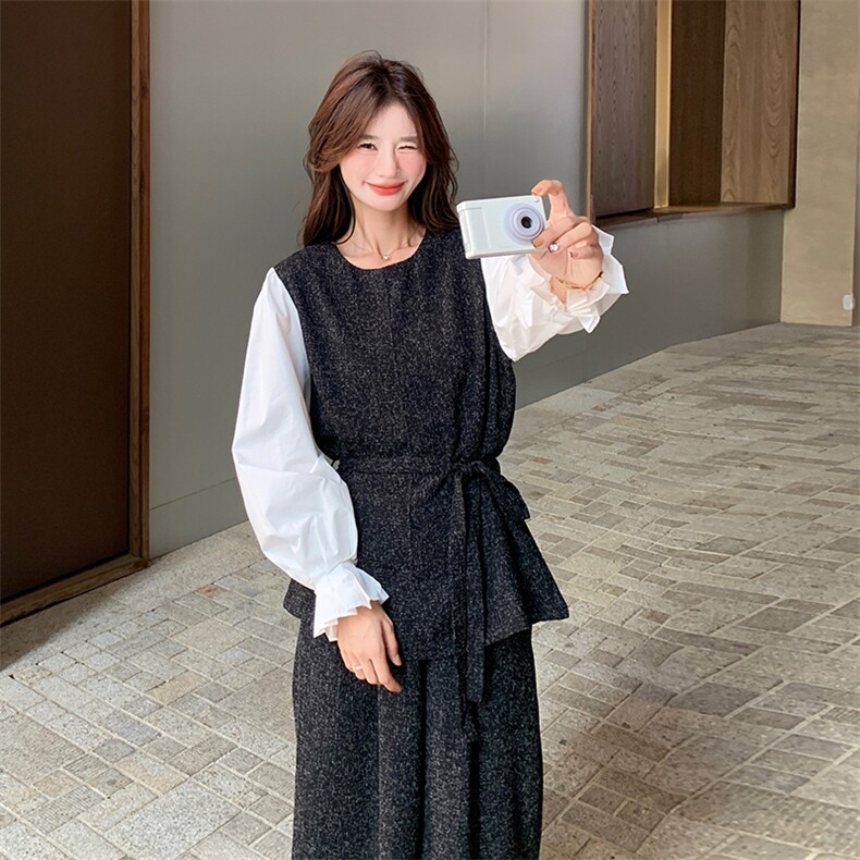 韩系小香风气质套装女2025春新款设计感拼接收腰显瘦阔腿裤两件套,女装套装/套裙,维壹
