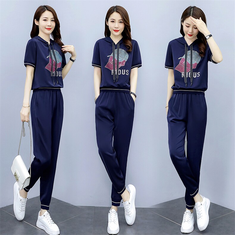 休闲套装女2021年夏季新款时尚印花百搭长裤两件套,女装套装/套裙,艾尚靓装