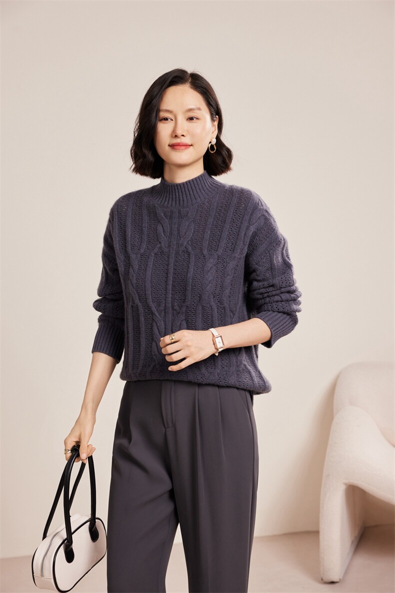 重磅加厚五七针三股镂空半高领羊绒衫30%羊绒,女装羊绒衫,名驰羊绒