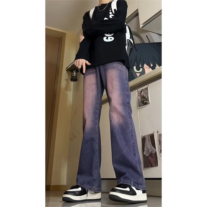 美式渐变牛仔裤男高街潮牌复古显瘦cleanfit直筒宽松阔腿微喇裤子,男装牛仔裤,星座1013