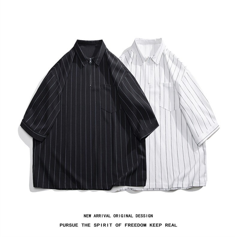 C8080/P35新款夏季个性条纹polo衫衬衣男大码宽松衬衣简约上衣男图片