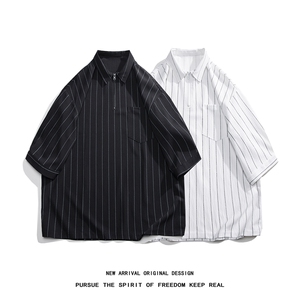 C8080/P35新款夏季个性条纹polo衫衬衣男大码宽松衬衣简约上衣男图片